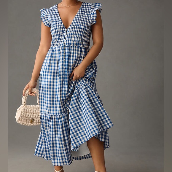 Anthropologie Dresses & Skirts - Anthropologie The Peregrine Midi Dress Blue Gingham Plaid Smocked Size L